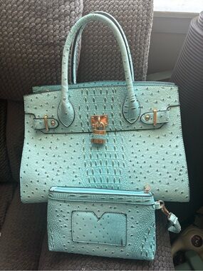 DASEIN , Sky Blue Ostrich-Embossed Tote with Matching Wristlet